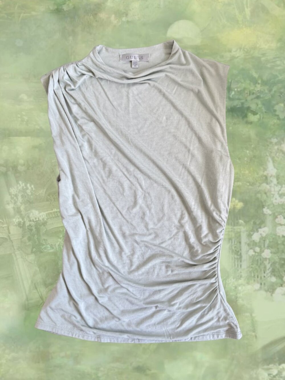 Guess Ruched Sleeveless Top Sage Green XS Fitted Draped Y2K Minimalist